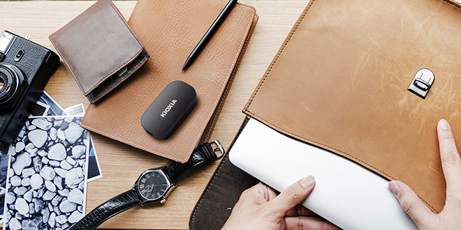 The EXCERIA PLUS G2 Portable SSD sitting on a desk